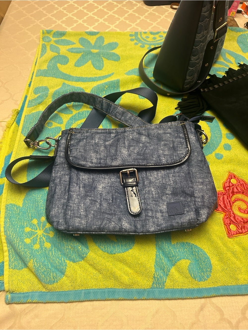 Denim-Effect Crossbody Bag with Buckle Detail